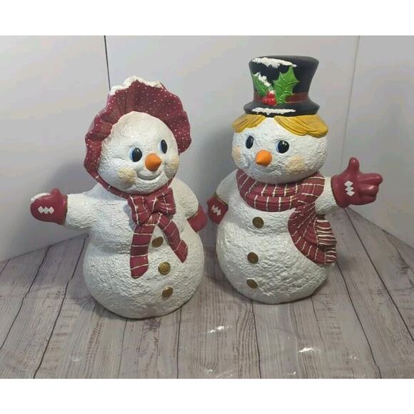 Vintage Large 1990 Holland Ceramic Hand Painted Glitter Snowman Couple 15” - Picture 1 of 12